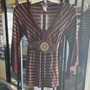 Elegant Brown Striped V-Neck Blouse with Belt